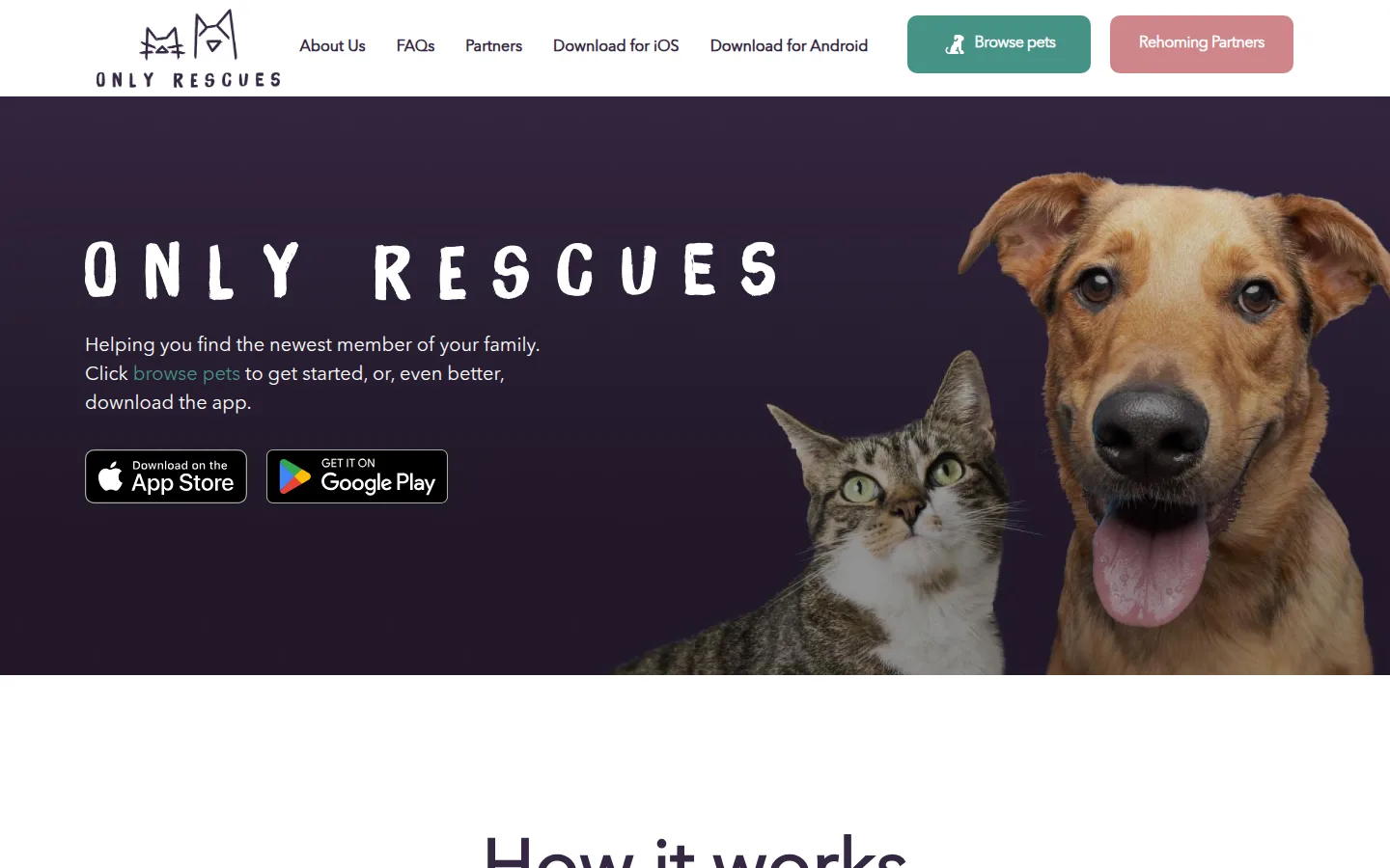 Only Rescues pet-adoption homepage